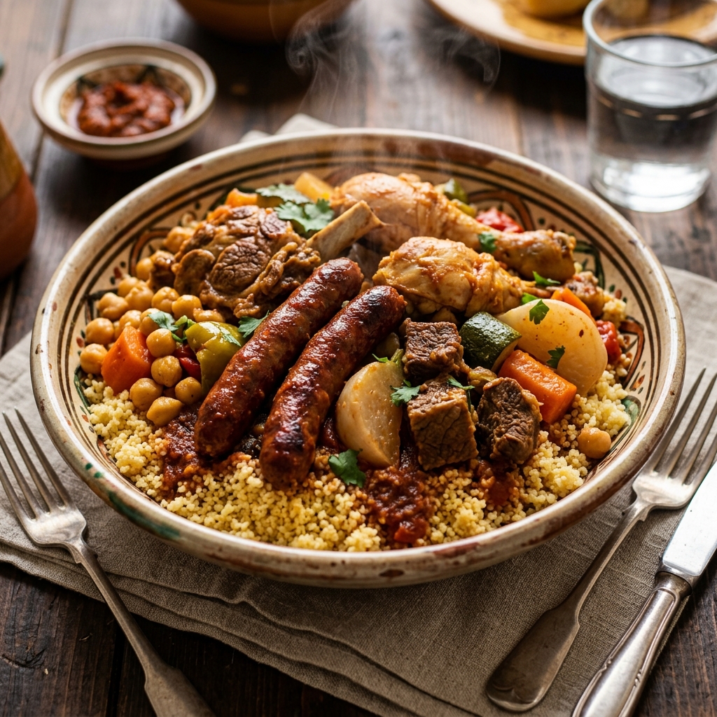 Couscous royal de Sophie — semoule dorée, viandes et légumes